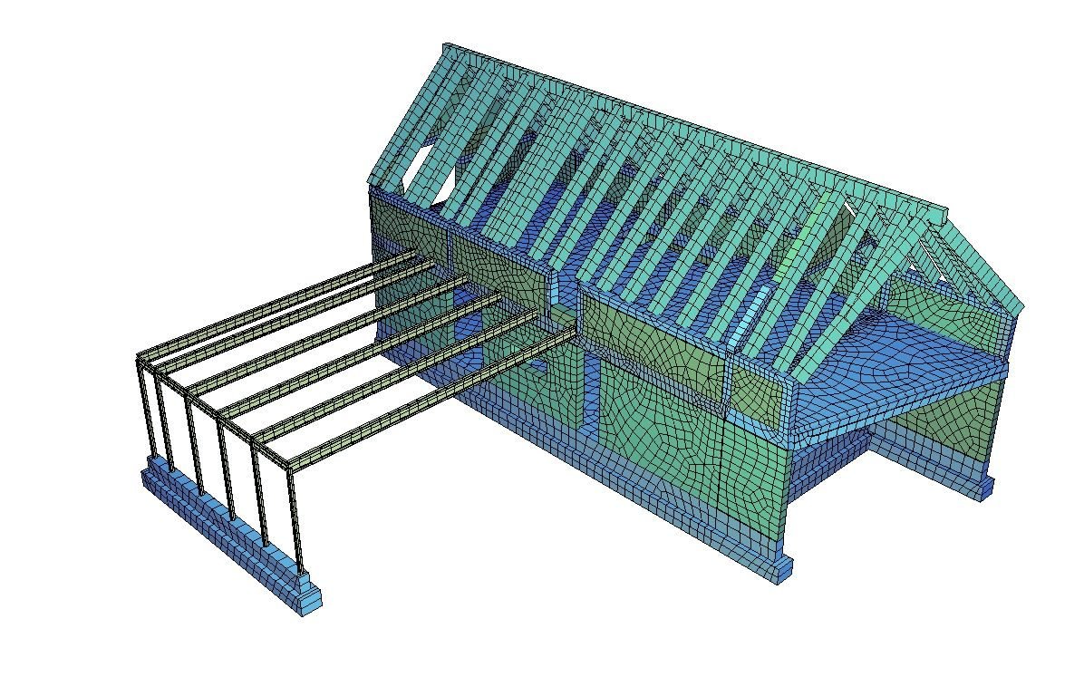 Výpočtový MKP model rodinného domu vrátane krovu a pergoly