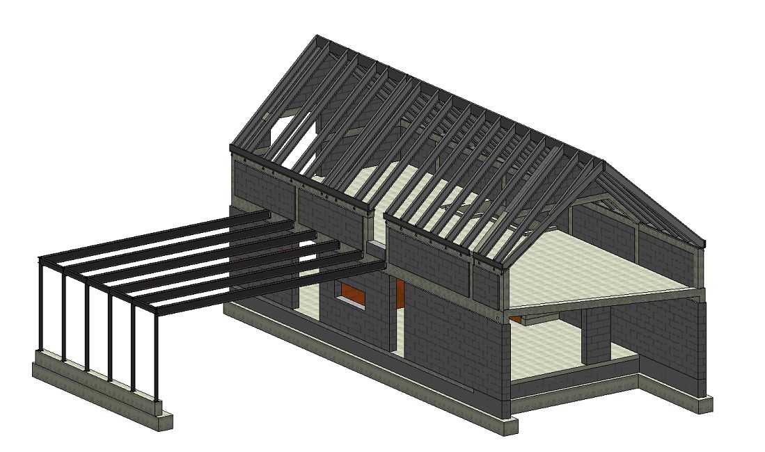 Render nosnej konštrukcie rodinného domu s pergolou